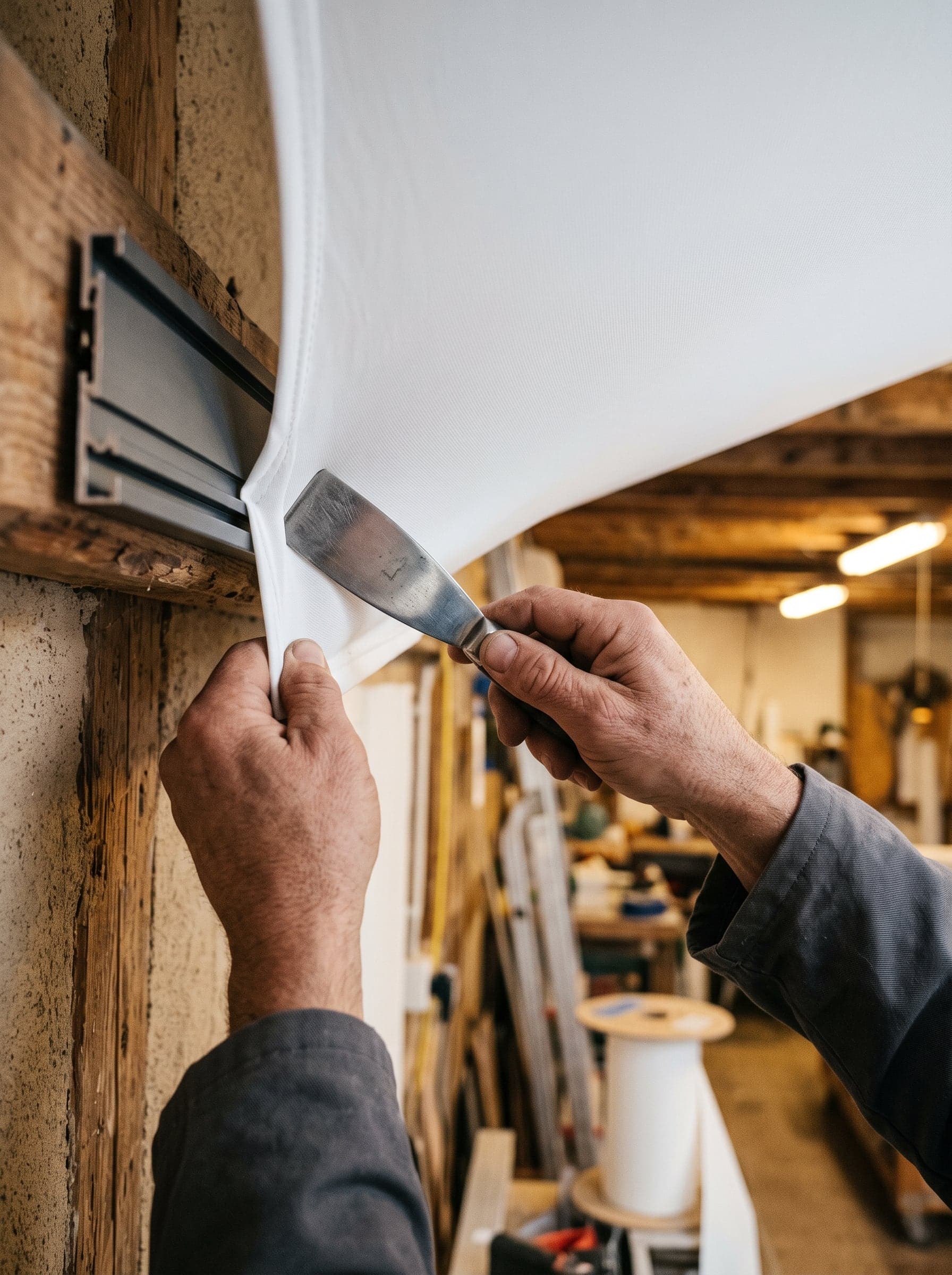 Mains d'un installateur LuxPlafond tendant une toile de plafond avec une spatule professionnelle