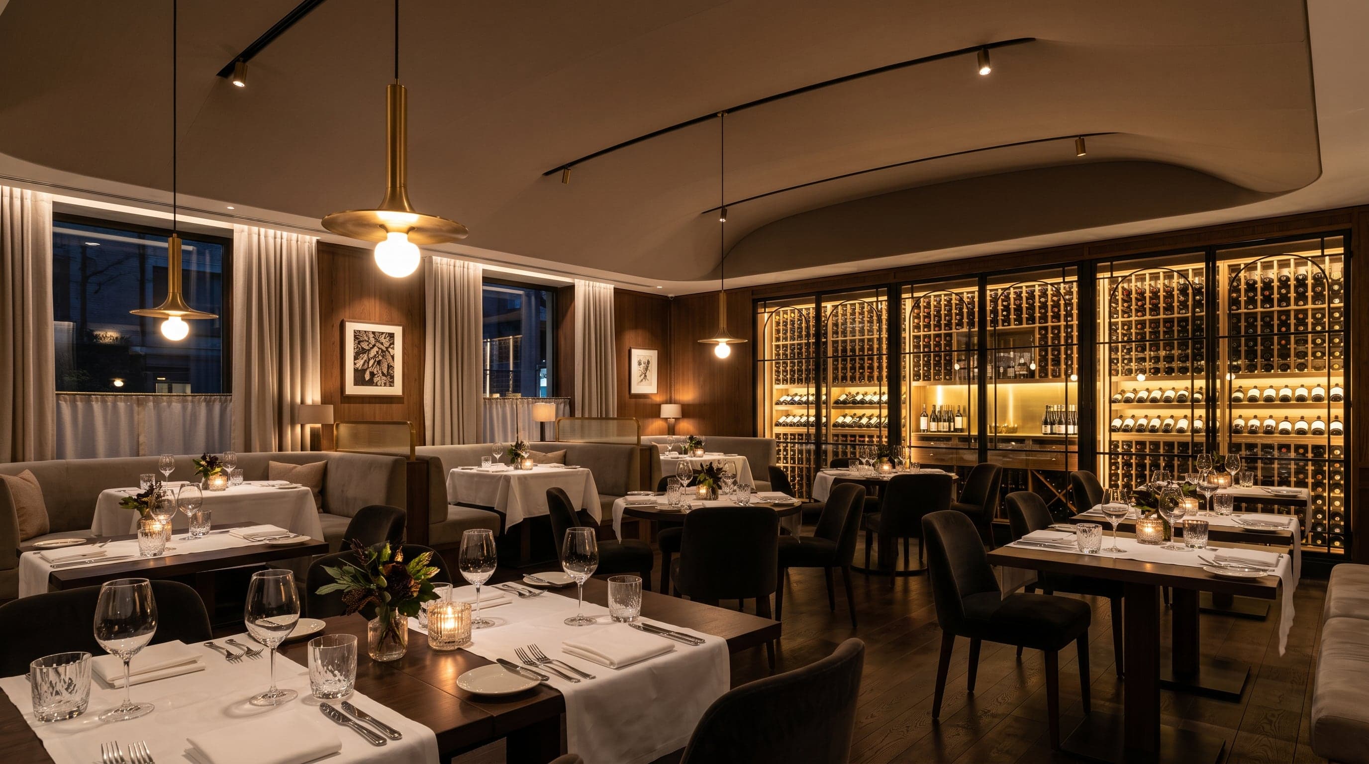 Plafond tendu acoustique greige dans un restaurant gastronomique feutré