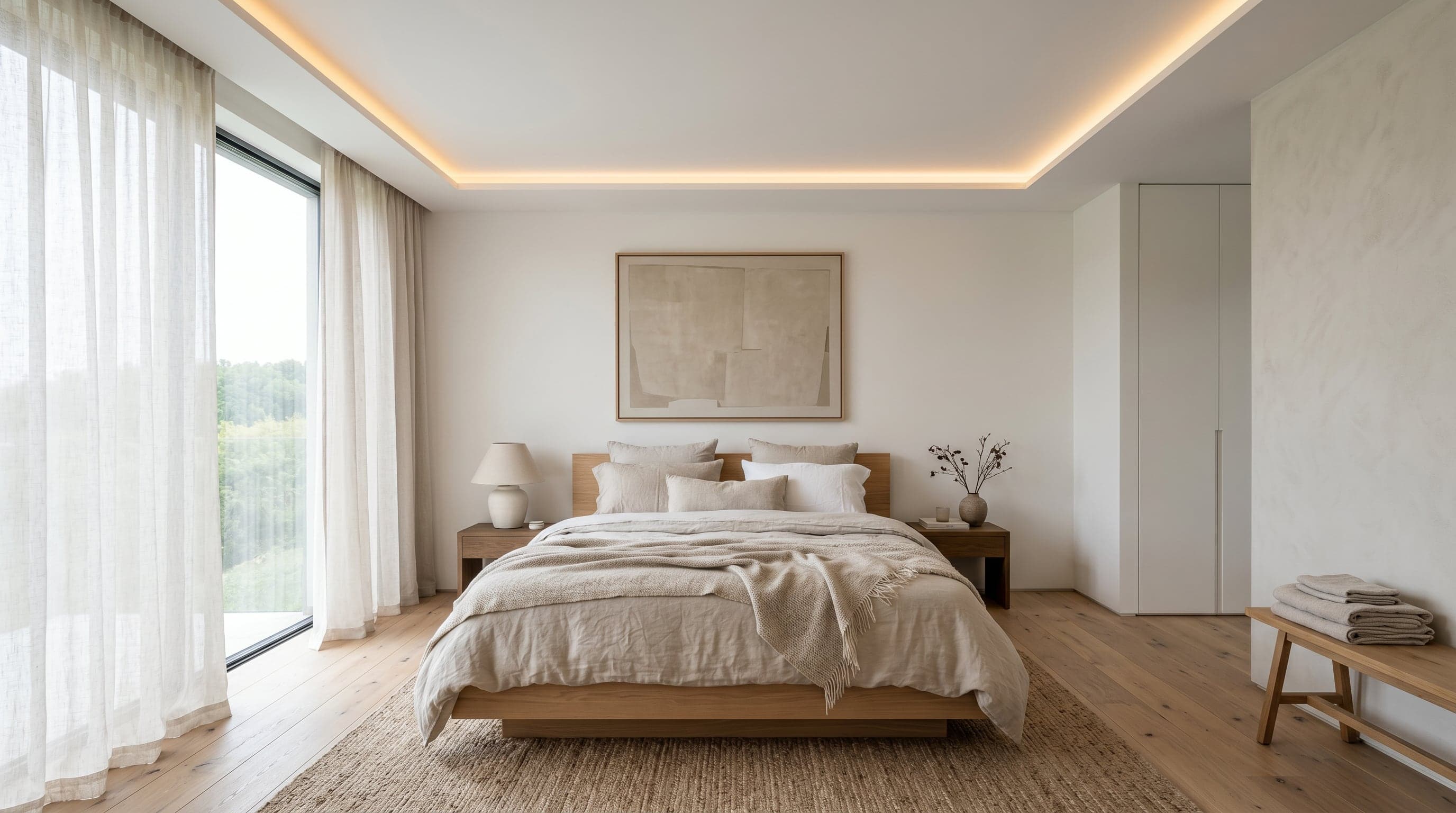 Plafond tendu mat blanc avec gorge lumineuse LED dans une chambre épurée