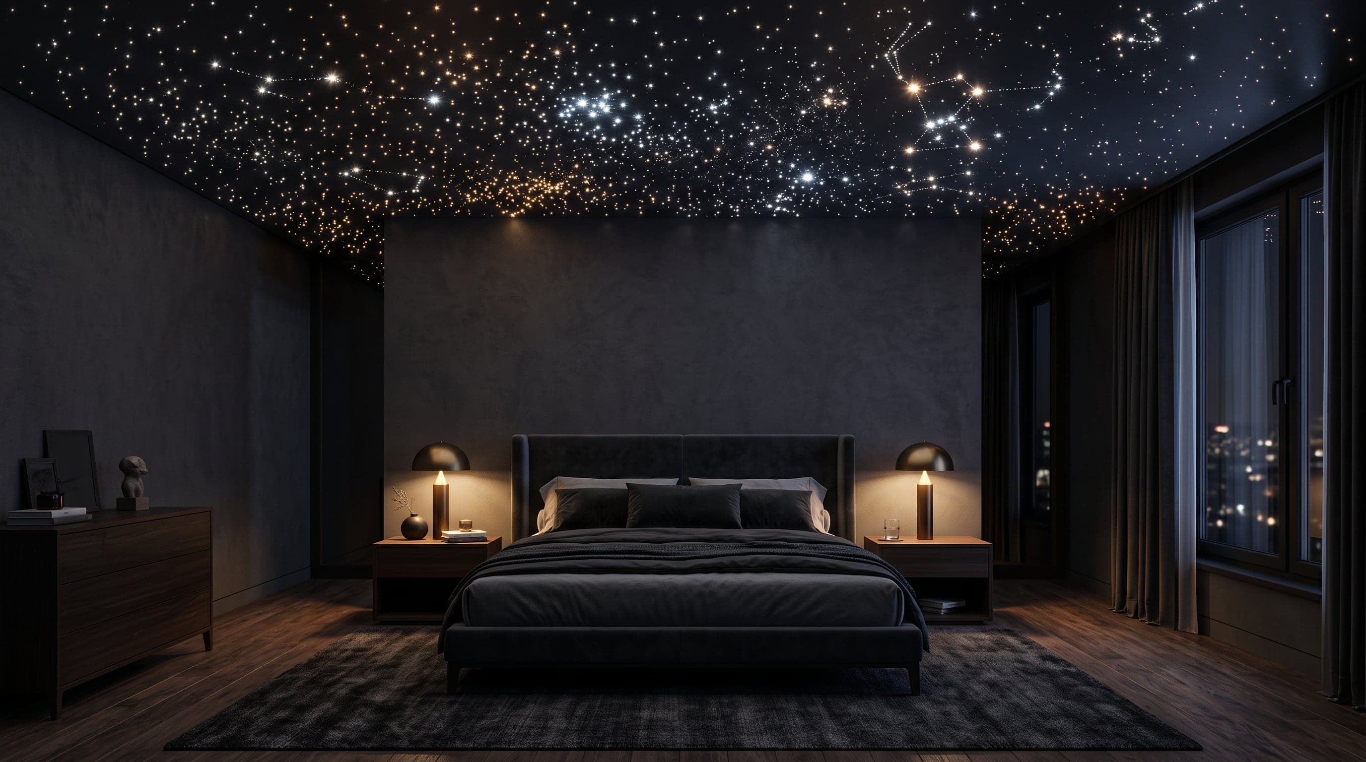Plafond tendu ciel étoilé en fibres optiques dans une chambre de nuit élégante