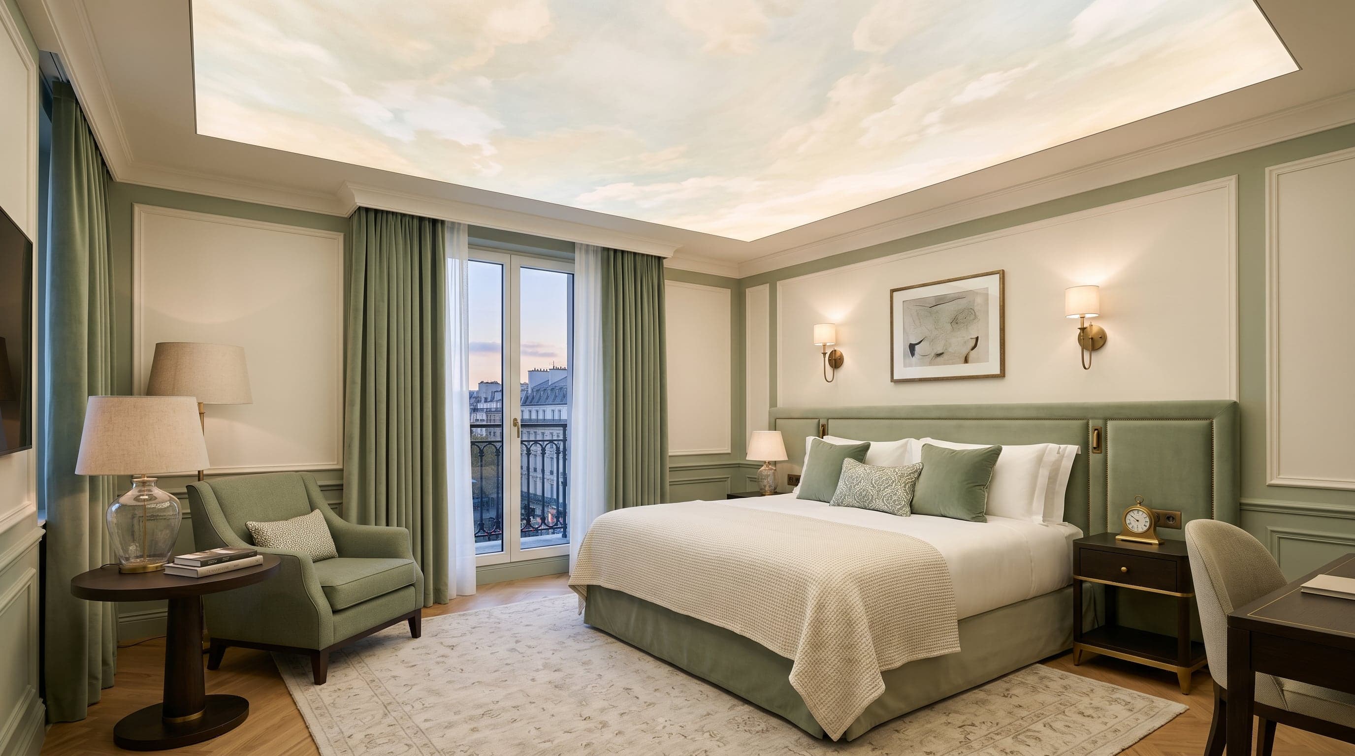 Plafond tendu imprimé ciel nuageux rétroéclairé dans une suite d'hôtel élégante