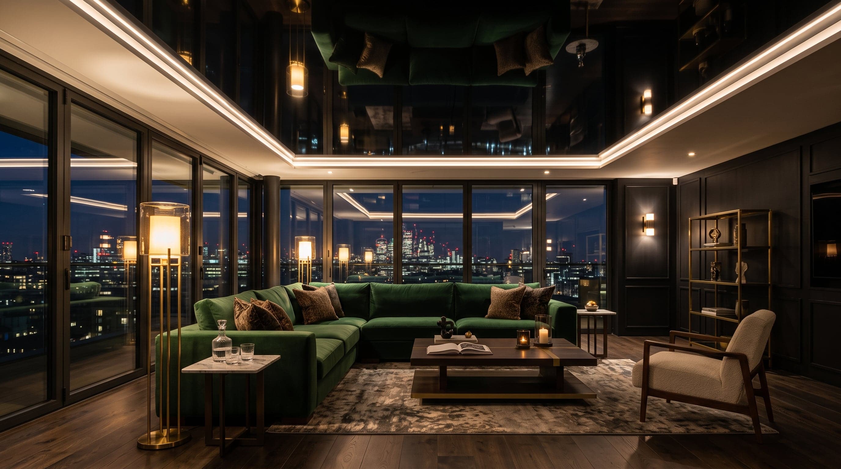 Plafond tendu laqué noir reflétant un salon de penthouse aux lampes en laiton