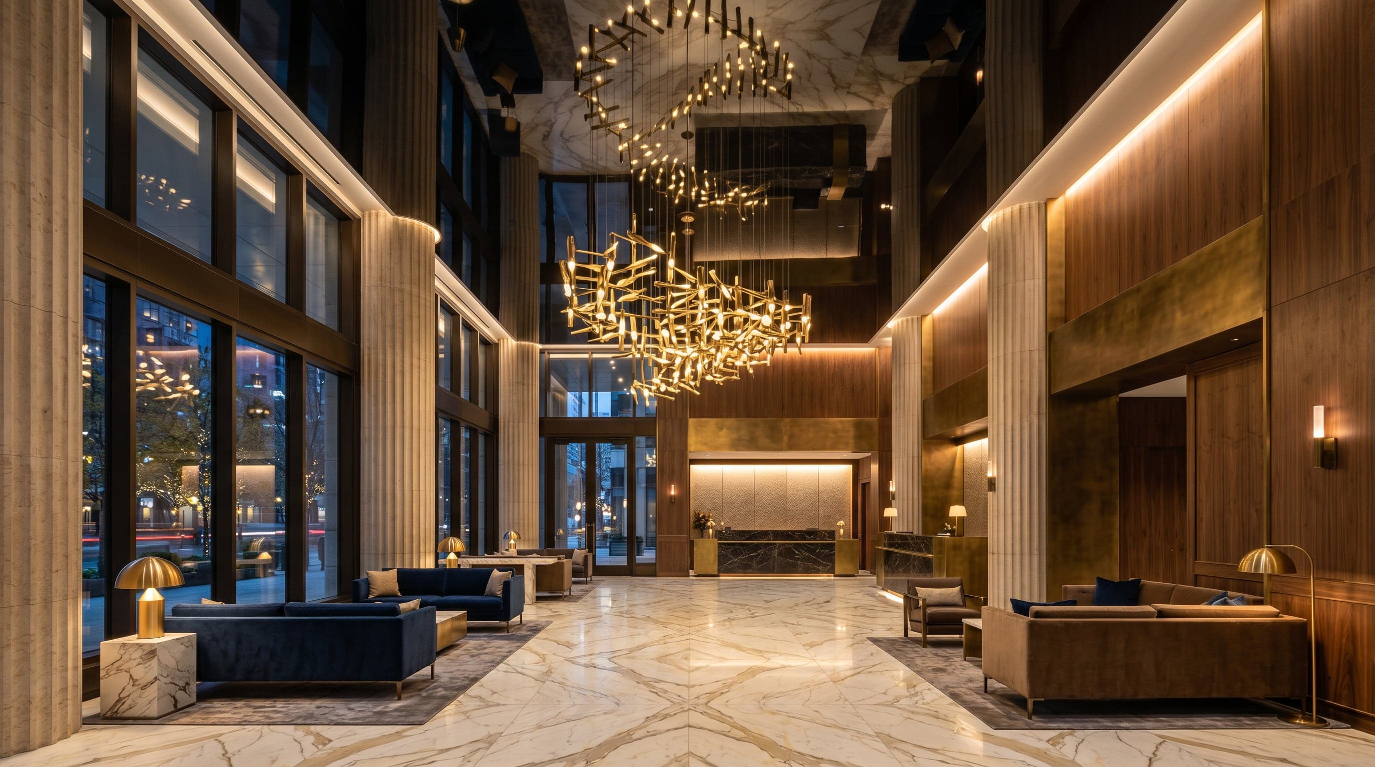 Plafond tendu miroir reflétant un lustre en laiton dans un hall d'hôtel de luxe