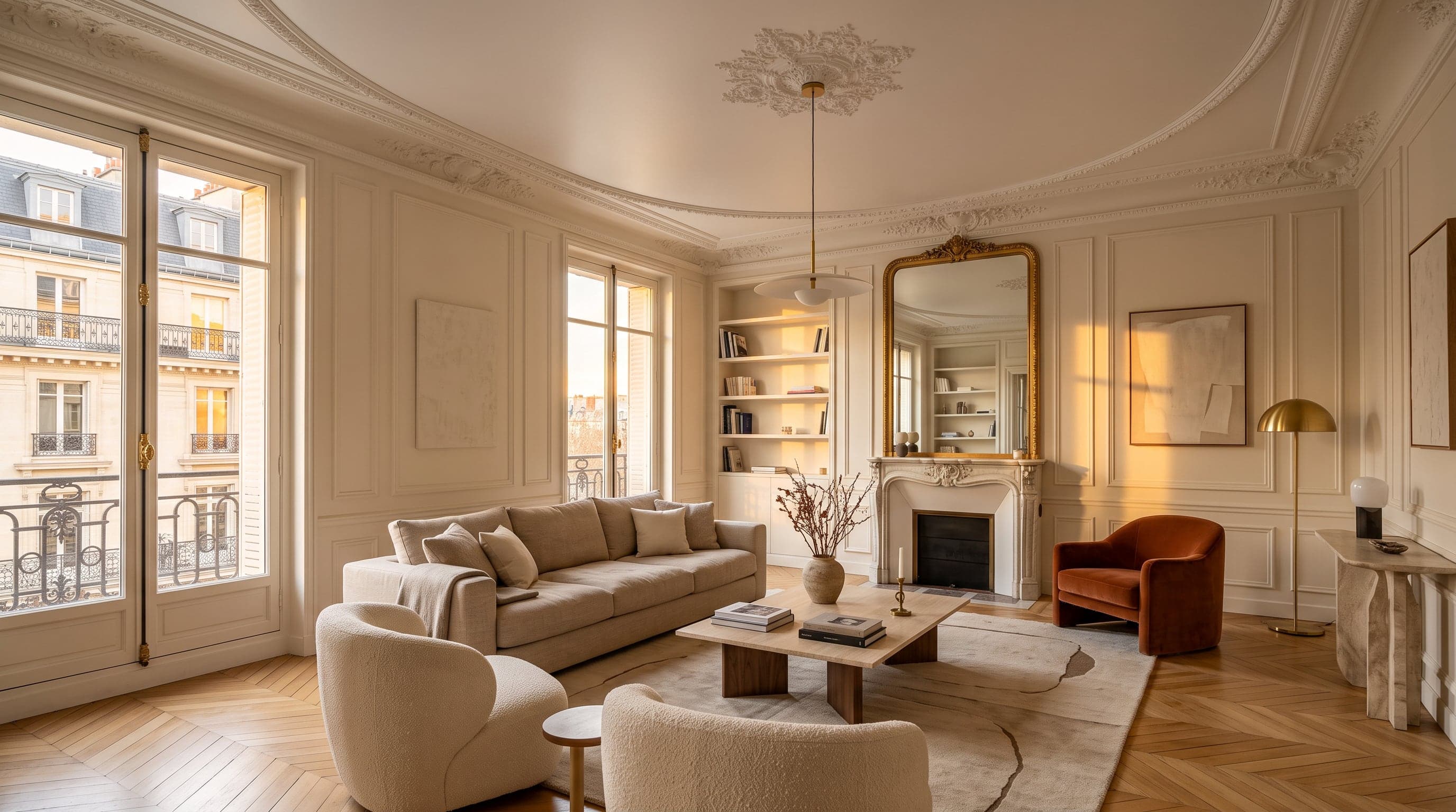 Salon haussmannien avec plafond tendu mat blanc dans le cadre des corniches d'origine à Bruxelles