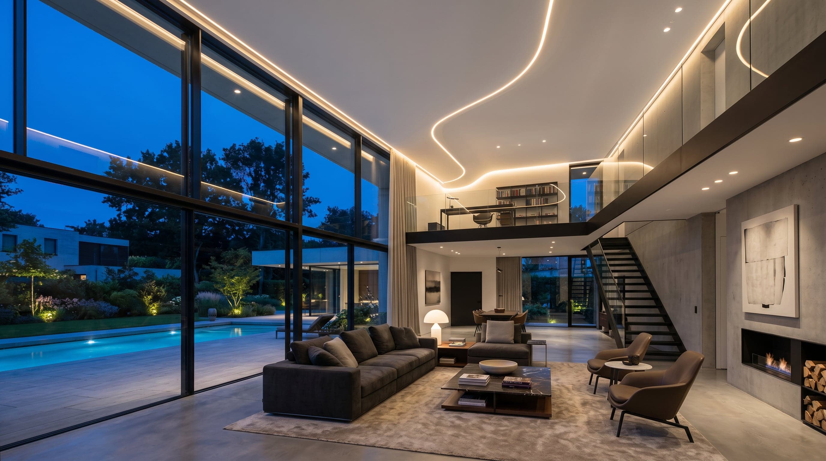 Séjour double hauteur de villa avec plafond tendu et longue gorge LED à Rixensart