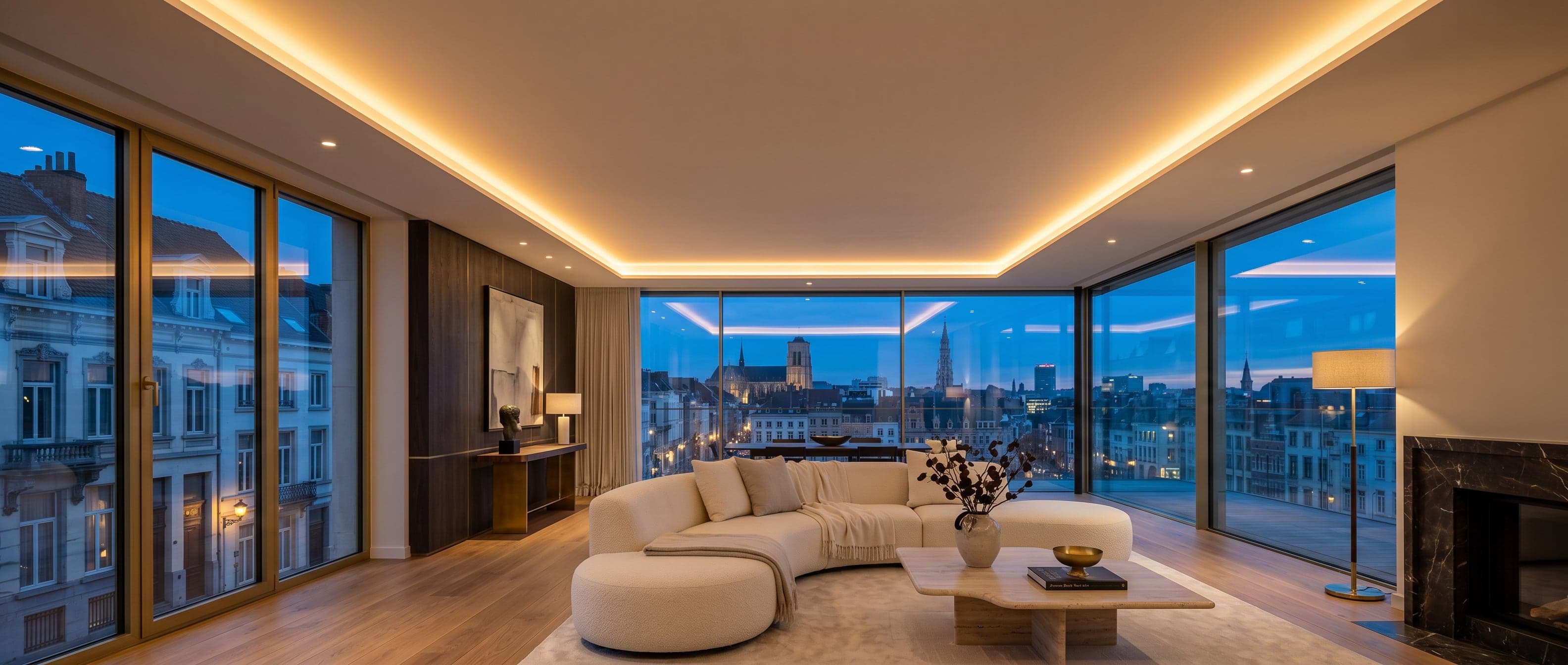 Penthouse de nuit avec plafond tendu et gorge lumineuse LED, réalisé par LuxPlafond
